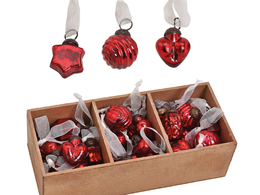 Set of 36 red glass baubles in a wooden box 25x5x9cm