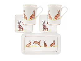 Set of 2 mugs with coasters on a tray - Hare