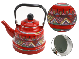 Little and red enamel kettle.
