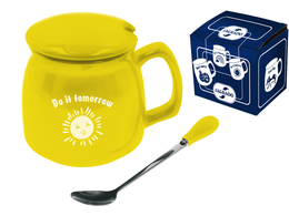 Yellow mug with lid and spoon - Do it tomorrow