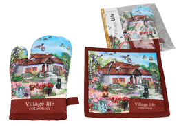 Set of Pot Holder and Oven Mitt - Village Life (CARMANI)