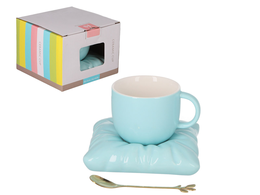 Taza con platillo y cuchara, azul